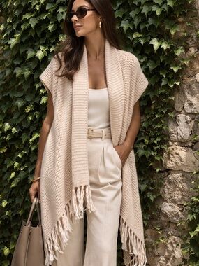 DESIGN HISTORY Marled Tan and Cream Fringed Waterfall Cardigan, S